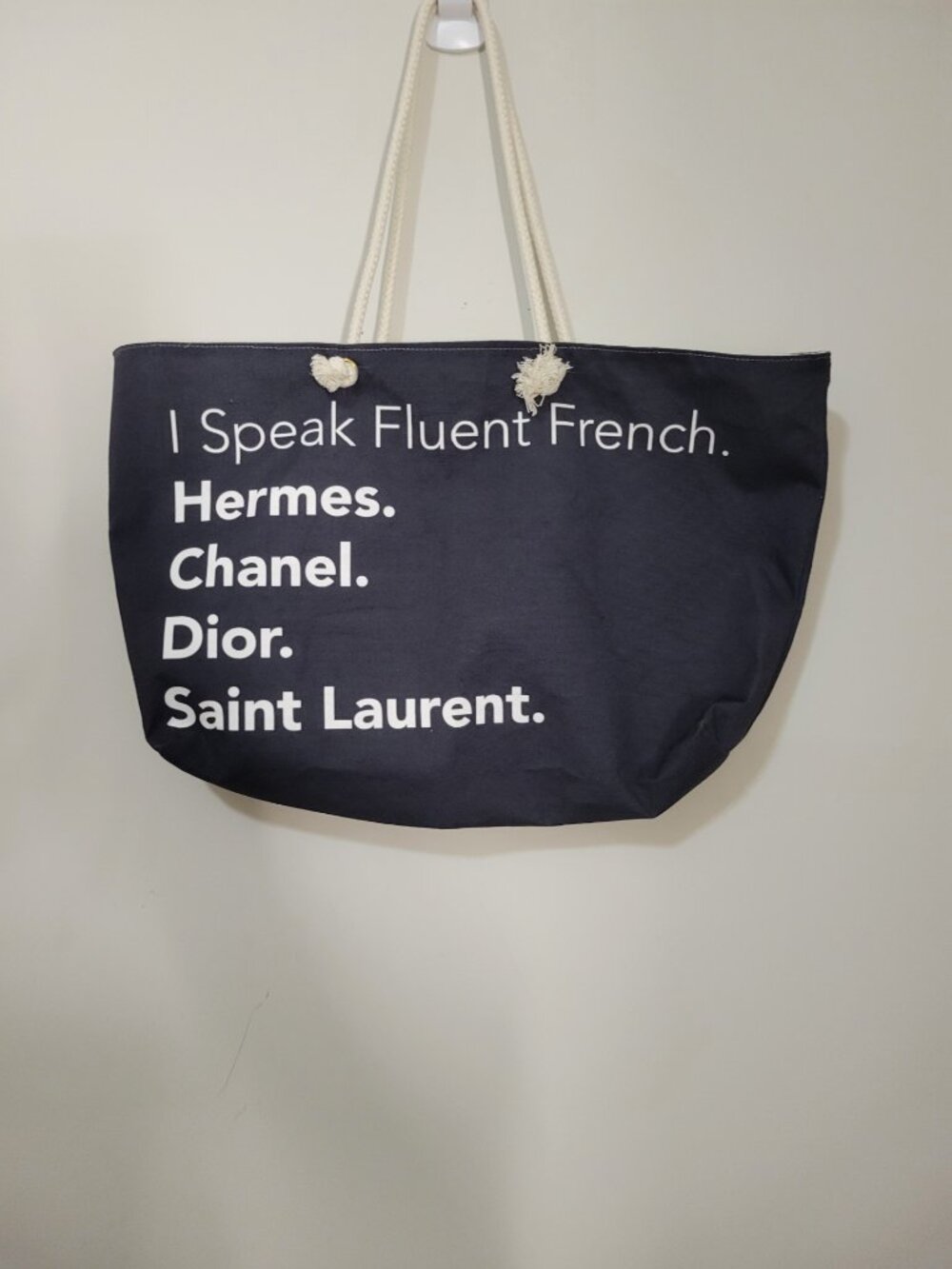 Black “I Speak Fluent French” Designer Names Canvas Tote Bag